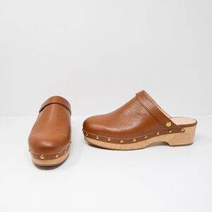 NEW J. Crew Convertible Leather Studded Embellished Wood Sole Clogs Shoe Brown